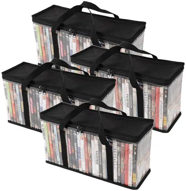 Main image of Set of 4 DVD Storage Bags,Transparent PVC Media Storage,Media Organizer Bag for DVDs, CDs, Video Games, VHS Box, Video Game Disks,With Reinforced Carrying handles (4, Medium)