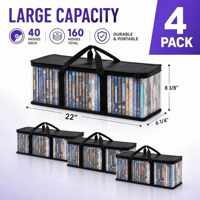 Alt view image 2 of 7 - Set of 4 DVD Storage Bags Hold up to 160 DVDs (40 Each Bag), Water Resistant DVD Holder Case with Handles, Transparent PVC Media Storage for DVDs, CDs, Video Games, Books
