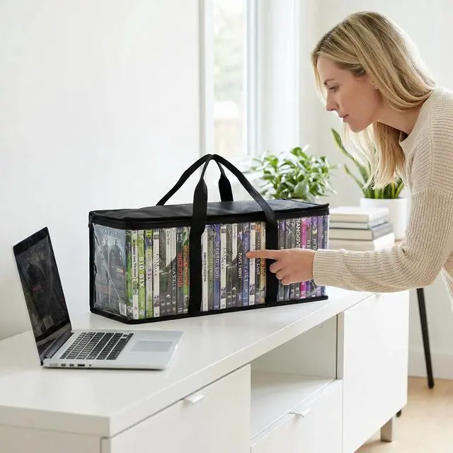 Alt view image 5 of 7 - Set of 4 DVD Storage Bags Hold up to 160 DVDs (40 Each Bag), Water Resistant DVD Holder Case with Handles, Transparent PVC Media Storage for DVDs, CDs, Video Games, Books