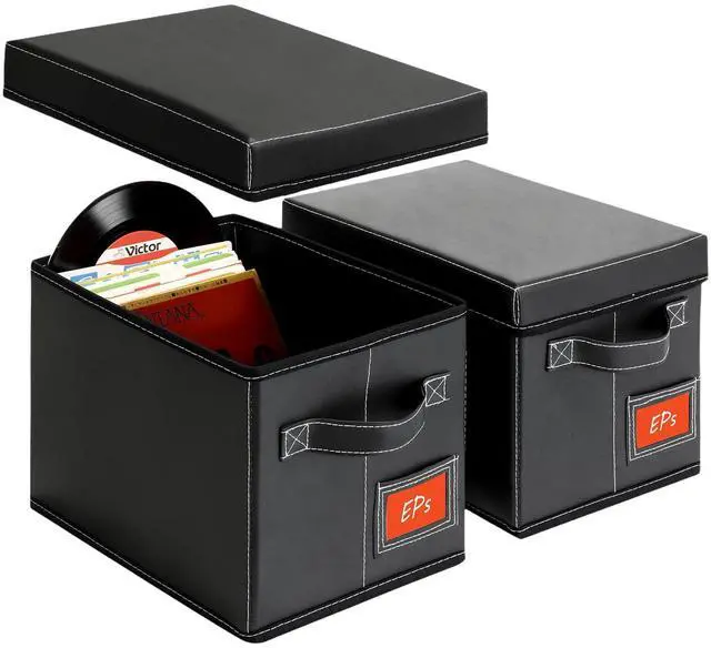 Main image of 2-Pack 7-Inch Vinyl Record Storage Boxes Black Faux Leather Record Holder & Case with Lid Compact Storage Crate for Singles, EPs, Vinyl Rolls, and Accessories