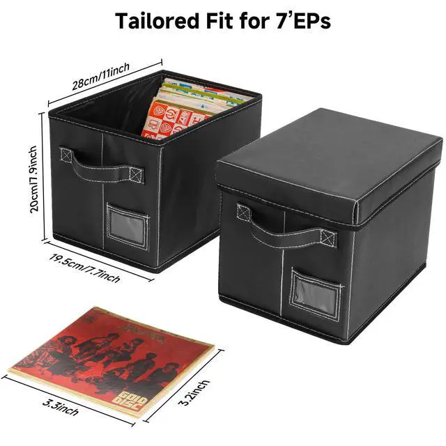 Alt view image 3 of 5 - 2-Pack 7-Inch Vinyl Record Storage Boxes Black Faux Leather Record Holder & Case with Lid Compact Storage Crate for Singles, EPs, Vinyl Rolls, and Accessories