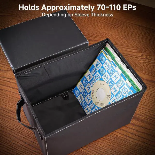 Alt view image 4 of 5 - 2-Pack 7-Inch Vinyl Record Storage Boxes Black Faux Leather Record Holder & Case with Lid Compact Storage Crate for Singles, EPs, Vinyl Rolls, and Accessories