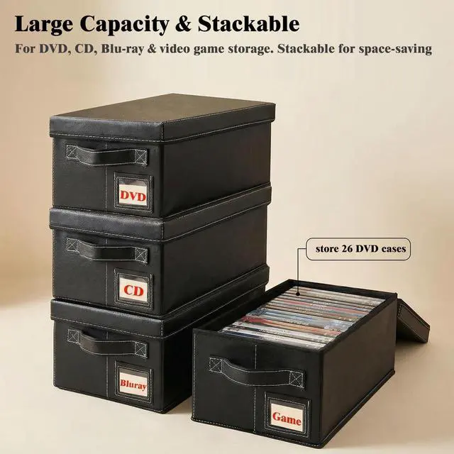 Alt view image 6 of 7 - DVD Storage Boxes with Lid, 4 Pack Holds 104 DVD Cases Total, Stackable Leather Media Organizer for Blu ray, Video Game, CDs