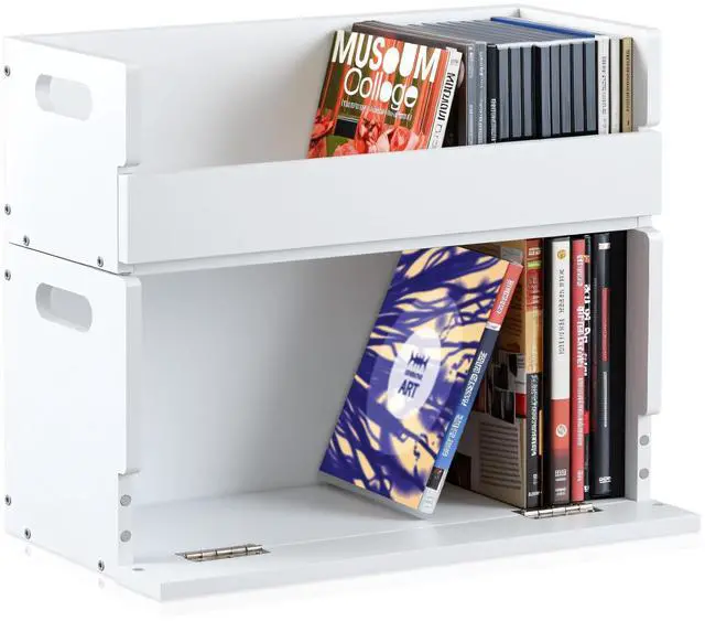 Main image of 2 Set Wooden DVD and CD Storage Box Cassette Tape Display Stand Holder Rack with Carrying Handle, Organizer Shelf for Movie Cases, Each Can Store up to 36 CDs and 26 DVDs (White)