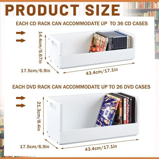 Alt view image 2 of 7 - 2 Set Wooden DVD and CD Storage Box Cassette Tape Display Stand Holder Rack with Carrying Handle, Organizer Shelf for Movie Cases, Each Can Store up to 36 CDs and 26 DVDs (White)