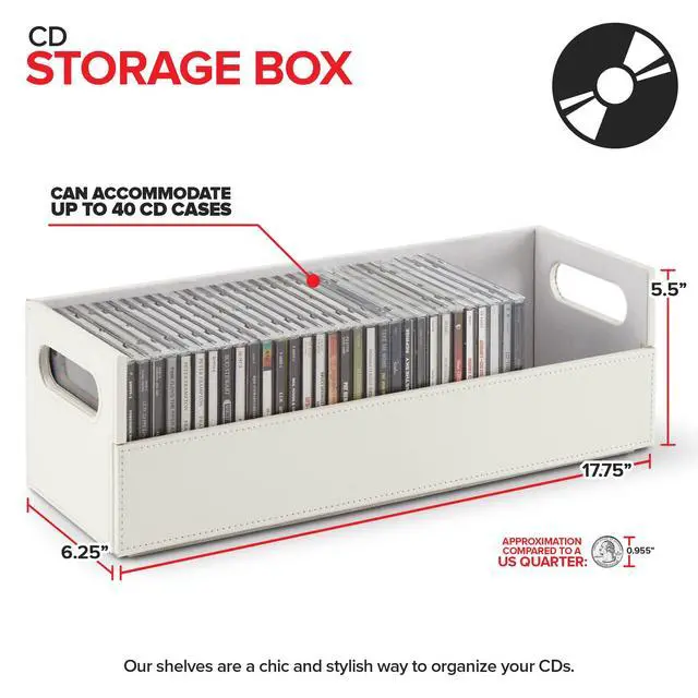 Alt view image 2 of 7 - CD Storage Box, Organizer Shelf for Movie Cases, DVDs, Cassette Tape Display Stand, Disc Holder Can Store Up to 40 CDs, Faux Leather (White)