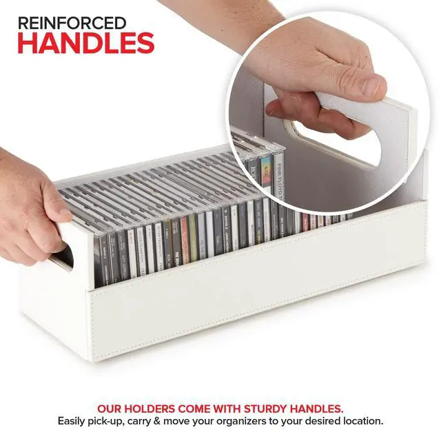 Alt view image 4 of 7 - CD Storage Box, Organizer Shelf for Movie Cases, DVDs, Cassette Tape Display Stand, Disc Holder Can Store Up to 40 CDs, Faux Leather (White)
