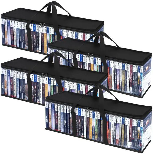 Main image of DVD Storage Bags Set of 4, Clear PVC Media Storage Organizer with Handles & Front Zipper Window, Stackable DVD/CD/Blu Ray Storage Cases for Movie Collections, Holds 35-40 DVDs Each