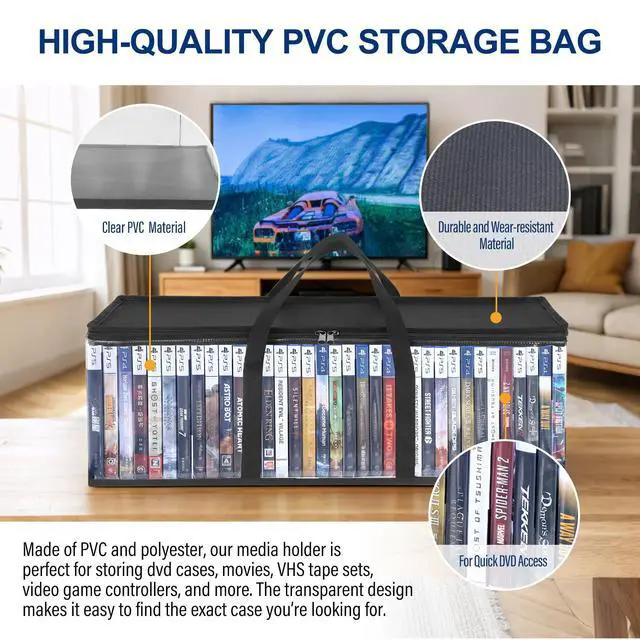 Alt view image 3 of 7 - DVD Storage Bags Set of 4, Clear PVC Media Storage Organizer with Handles & Front Zipper Window, Stackable DVD/CD/Blu Ray Storage Cases for Movie Collections, Holds 35-40 DVDs Each