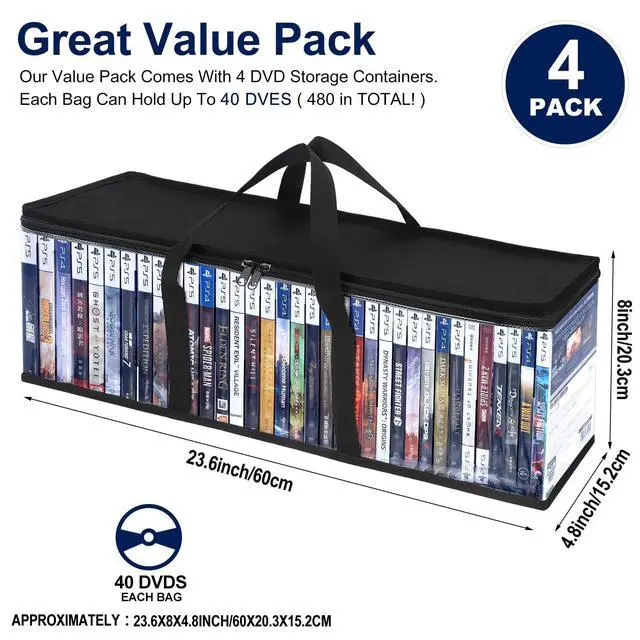 Alt view image 4 of 7 - DVD Storage Bags Set of 4, Clear PVC Media Storage Organizer with Handles & Front Zipper Window, Stackable DVD/CD/Blu Ray Storage Cases for Movie Collections, Holds 35-40 DVDs Each
