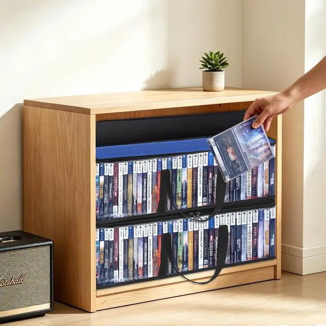Alt view image 6 of 7 - DVD Storage Bags Set of 4, Clear PVC Media Storage Organizer with Handles & Front Zipper Window, Stackable DVD/CD/Blu Ray Storage Cases for Movie Collections, Holds 35-40 DVDs Each
