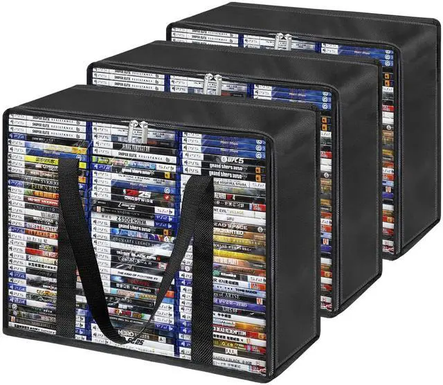 Main image of DVD Blu ray Storage Bag 3 Pack, Hold 210 DVDs or 270 Blu-Rays, Clear Easy Find Media Organizer with Reinforced Handle for Video Games, Movies, VHS Tapes