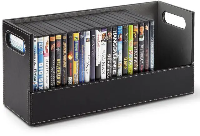 Main image of DVD Storage Box, Movie Shelf Organizer for Blu-Ray, Video Game Cases, CDs, VHS Tape Display Stand, Disc Holder Can Store Up to 28 DVDs, Faux Leather (Black)