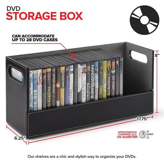 Alt view image 2 of 7 - DVD Storage Box, Movie Shelf Organizer for Blu-Ray, Video Game Cases, CDs, VHS Tape Display Stand, Disc Holder Can Store Up to 28 DVDs, Faux Leather (Black)