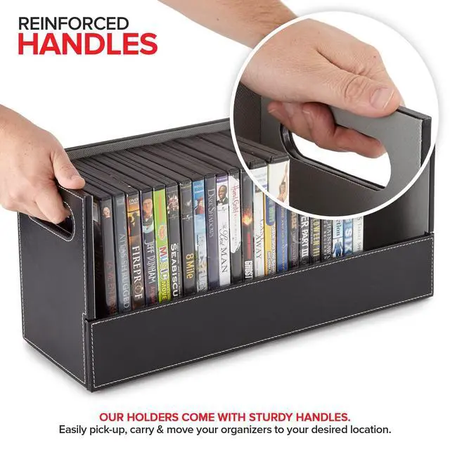 Alt view image 4 of 7 - DVD Storage Box, Movie Shelf Organizer for Blu-Ray, Video Game Cases, CDs, VHS Tape Display Stand, Disc Holder Can Store Up to 28 DVDs, Faux Leather (Black)