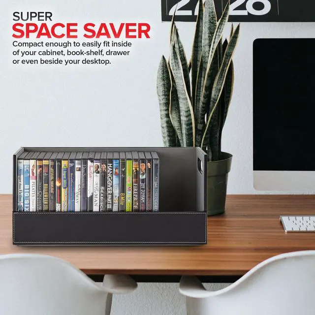 Alt view image 7 of 7 - DVD Storage Box, Movie Shelf Organizer for Blu-Ray, Video Game Cases, CDs, VHS Tape Display Stand, Disc Holder Can Store Up to 28 DVDs, Faux Leather (Black)