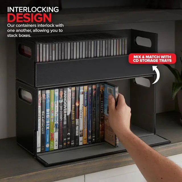 Alt view image 6 of 7 - DVD Storage Box, Movie Shelf Organizer for Blu-Ray, Video Game Cases, CDs, VHS Tape Display Stand, Disc Holder Can Store Up to 28 DVDs, Faux Leather (Black)