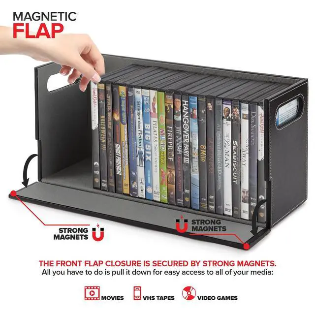 Alt view image 3 of 7 - DVD Storage Box, Movie Shelf Organizer for Blu-Ray, Video Game Cases, CDs, VHS Tape Display Stand, Disc Holder Can Store Up to 28 DVDs, Faux Leather (Black)