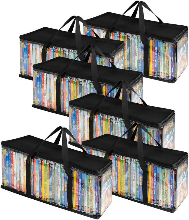 Main image of DVD Storage Bags (Set of 6) Media Organizer Bag for DVDs, CDs, Blu Ray Disc, Movie Cases, VHS Box, Video Game Disks, Clear Plastic Holders with Carrying Handles and Zipper - Black