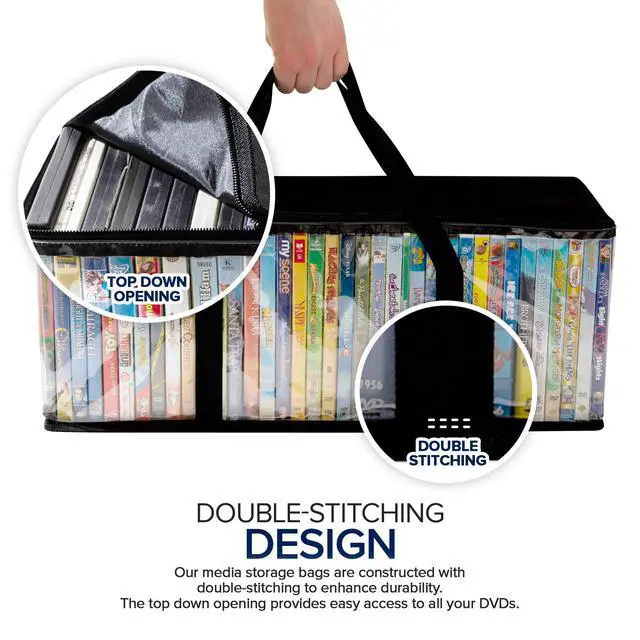 Alt view image 4 of 7 - DVD Storage Bags (Set of 6) Media Organizer Bag for DVDs, CDs, Blu Ray Disc, Movie Cases, VHS Box, Video Game Disks, Clear Plastic Holders with Carrying Handles and Zipper - Black