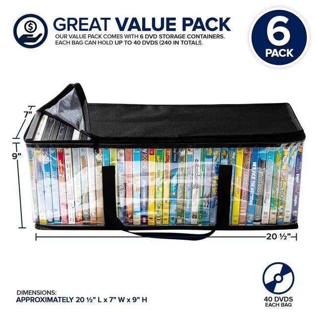 Alt view image 3 of 7 - DVD Storage Bags (Set of 6) Media Organizer Bag for DVDs, CDs, Blu Ray Disc, Movie Cases, VHS Box, Video Game Disks, Clear Plastic Holders with Carrying Handles and Zipper - Black