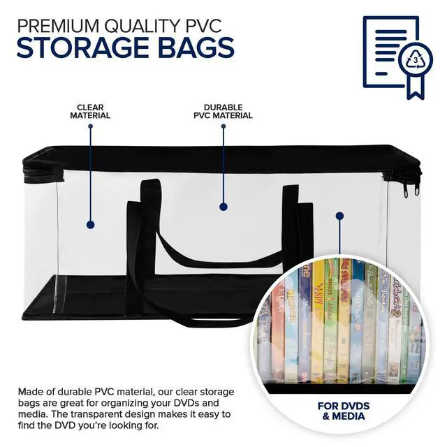 Alt view image 2 of 7 - DVD Storage Bags (Set of 6) Media Organizer Bag for DVDs, CDs, Blu Ray Disc, Movie Cases, VHS Box, Video Game Disks, Clear Plastic Holders with Carrying Handles and Zipper - Black