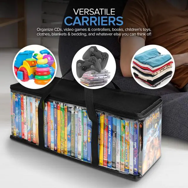 Alt view image 7 of 7 - DVD Storage Bags (Set of 6) Media Organizer Bag for DVDs, CDs, Blu Ray Disc, Movie Cases, VHS Box, Video Game Disks, Clear Plastic Holders with Carrying Handles and Zipper - Black