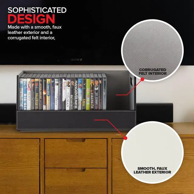Alt view image 5 of 7 - DVD Storage Box, Movie Shelf Organizer for Blu-Ray, Video Game Cases, CDs, VHS Tape Display Stand, Disc Holder Can Store Up to 28 DVDs, Faux Leather (Black)