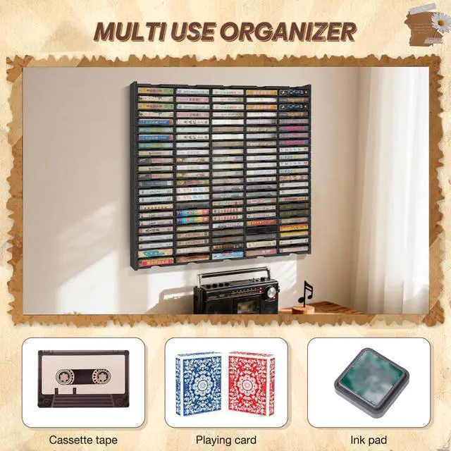 Alt view image 5 of 7 - 115-Slot Cassette Tape Storage Organizer Rack, Wall Mount Cassette Tape Holder, Audio Cassettes Display Shelf, Ideal Gift for Cassette Collectors