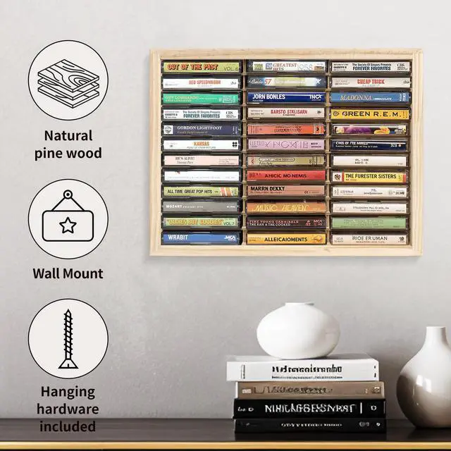 Alt view image 3 of 7 - Cassette Tape Storage Rack, 36-slot Wood Cassette Tape Holder, Wall Mount or Freestanding Audio Cassette Organizer, Playing Card Storage, Unfinished Pine