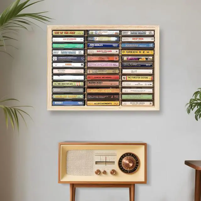Alt view image 6 of 7 - Cassette Tape Storage Rack, 36-slot Wood Cassette Tape Holder, Wall Mount or Freestanding Audio Cassette Organizer, Playing Card Storage, Unfinished Pine