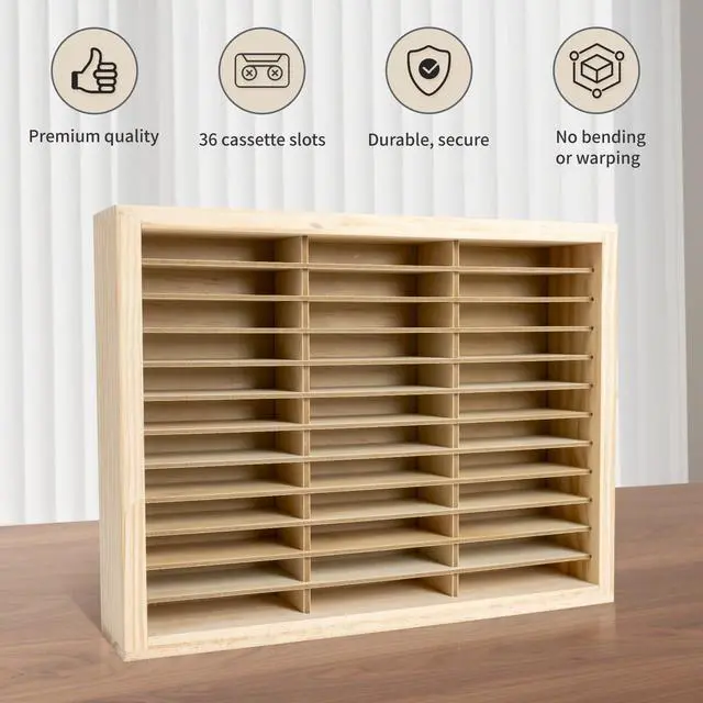 Alt view image 5 of 7 - Cassette Tape Storage Rack, 36-slot Wood Cassette Tape Holder, Wall Mount or Freestanding Audio Cassette Organizer, Playing Card Storage, Unfinished Pine
