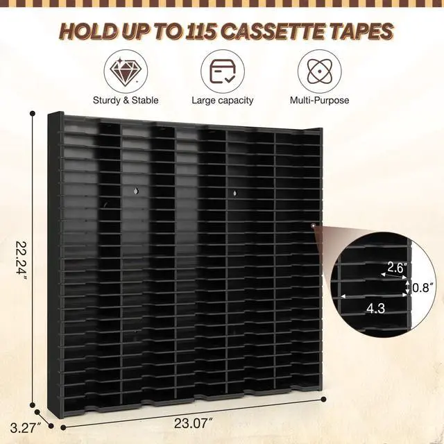 Alt view image 2 of 7 - 115-Slot Cassette Tape Storage Organizer Rack, Wall Mount Cassette Tape Holder, Audio Cassettes Display Shelf, Ideal Gift for Cassette Collectors