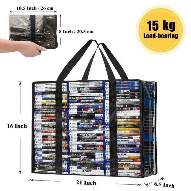 Alt view image 4 of 6 - DVD Blu-ray Storage Bag, 2 Pack Portable Storage Bags Hold 140 DVDs, 180 Blu-rays Total, Clear Media Organizers with Reinforced Handle for Movies, Video Games, VHS Tapes