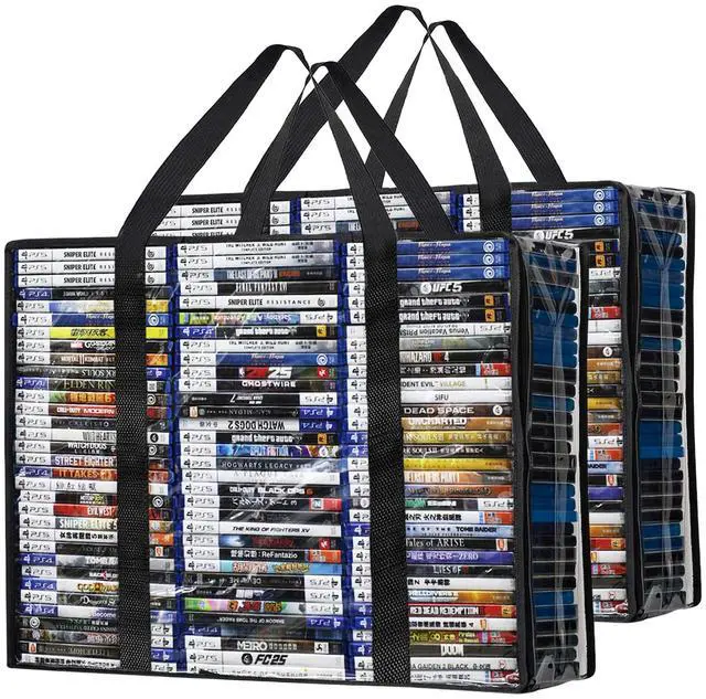 Main image of DVD Blu-ray Storage Bag, 2 Pack Portable Storage Bags Hold 140 DVDs, 180 Blu-rays Total, Clear Media Organizers with Reinforced Handle for Movies, Video Games, VHS Tapes