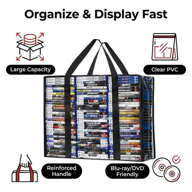 Alt view image 2 of 6 - DVD Blu-ray Storage Bag, 2 Pack Portable Storage Bags Hold 140 DVDs, 180 Blu-rays Total, Clear Media Organizers with Reinforced Handle for Movies, Video Games, VHS Tapes