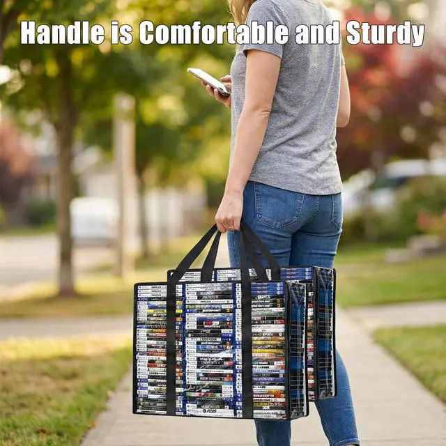 Alt view image 6 of 6 - DVD Blu-ray Storage Bag, 2 Pack Portable Storage Bags Hold 140 DVDs, 180 Blu-rays Total, Clear Media Organizers with Reinforced Handle for Movies, Video Games, VHS Tapes
