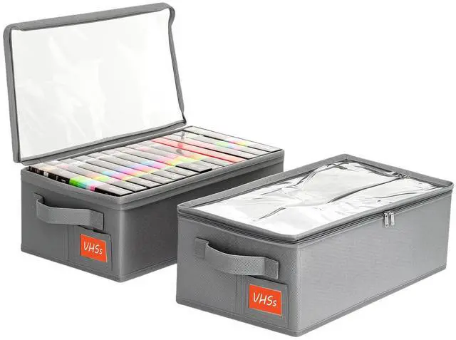 Main image of VHS Storage Box 2 Pack Cassette Tape Storage Organizer with Clear PVC Lid Stackable Storage Box Holds 14 Clamshell VHS Tapes Gray Media Case
