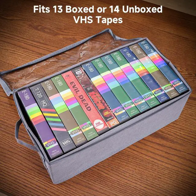 Alt view image 4 of 5 - VHS Storage Box 2 Pack Cassette Tape Storage Organizer with Clear PVC Lid Stackable Storage Box Holds 14 Clamshell VHS Tapes Gray Media Case