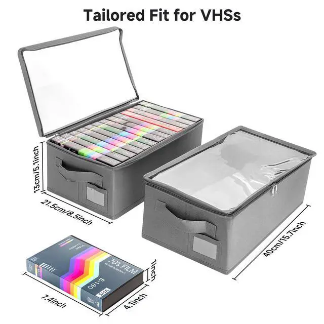 Alt view image 3 of 5 - VHS Storage Box 2 Pack Cassette Tape Storage Organizer with Clear PVC Lid Stackable Storage Box Holds 14 Clamshell VHS Tapes Gray Media Case