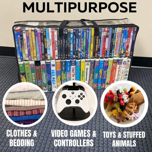 Alt view image 3 of 7 - 2 Pack-VHS Movie Tape Storage Bag/Case, Clear PVC Plastic-Holds 100 Total, Strong Handles-No Dirt/Moisture/Dust