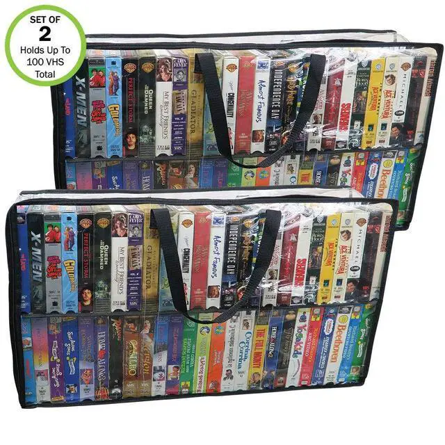 Alt view image 2 of 7 - 2 Pack-VHS Movie Tape Storage Bag/Case, Clear PVC Plastic-Holds 100 Total, Strong Handles-No Dirt/Moisture/Dust