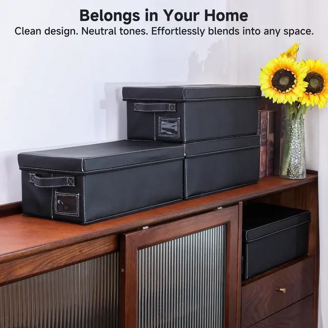 Alt view image 2 of 5 - VHS Storage Box Set 2-Pack Faux Leather Cassette Tape Storage Bins Holds 14 Clamshell Tapes Each Stackable Vintage Media Organizer-Black