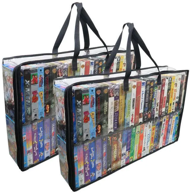 Main image of 2 Pack-VHS Movie Tape Storage Bag/Case, Clear PVC Plastic-Holds 100 Total, Strong Handles-No Dirt/Moisture/Dust