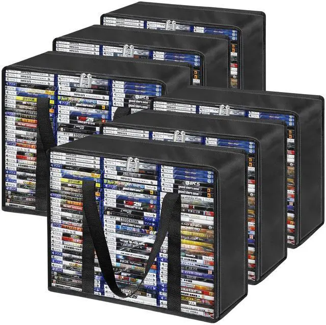 Main image of Clear DVD Storage Bags 6 Pack, Hold 420 DVDs or 540 Blu Rays, Easy Find Media Organizers with Reinforced Handle for Movies, Video Games, VHS Tapes
