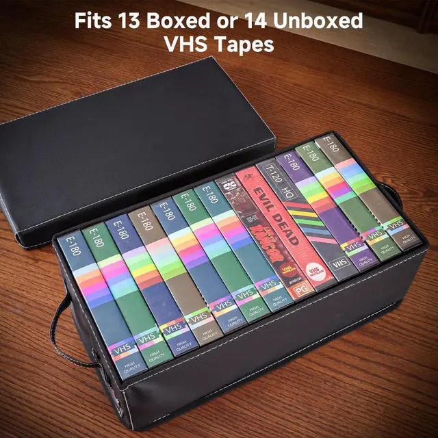 Alt view image 4 of 5 - VHS Storage Box Set 2-Pack Faux Leather Cassette Tape Storage Bins Holds 14 Clamshell Tapes Each Stackable Vintage Media Organizer-Black