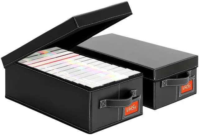 Main image of VHS Storage Box Set 2-Pack Faux Leather Cassette Tape Storage Bins Holds 14 Clamshell Tapes Each Stackable Vintage Media Organizer-Black