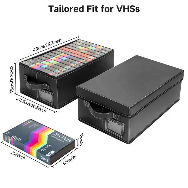 Alt view image 3 of 5 - VHS Storage Box Set 2-Pack Faux Leather Cassette Tape Storage Bins Holds 14 Clamshell Tapes Each Stackable Vintage Media Organizer-Black