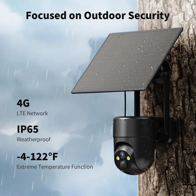 Alt view image 5 of 7 - 4G LTE Cellular Security Cameras Outdoor, 2K 360° View No WiFi Needed Solar Powered Security Camera, Color Night Vision, Built-in SIM Card, Unlimited Data Plan
