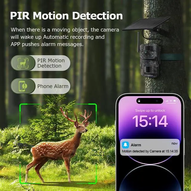Alt view image 6 of 7 - 4G LTE Solar Trail Camera, 12MP 940nm No-Glow Full Color Night Vision, Dual PIR Motion Detection, Built-in GPS, Two-Way Audio, IP66 Camouflage Wildlife Hunting Camera for Outdoor Monitoring